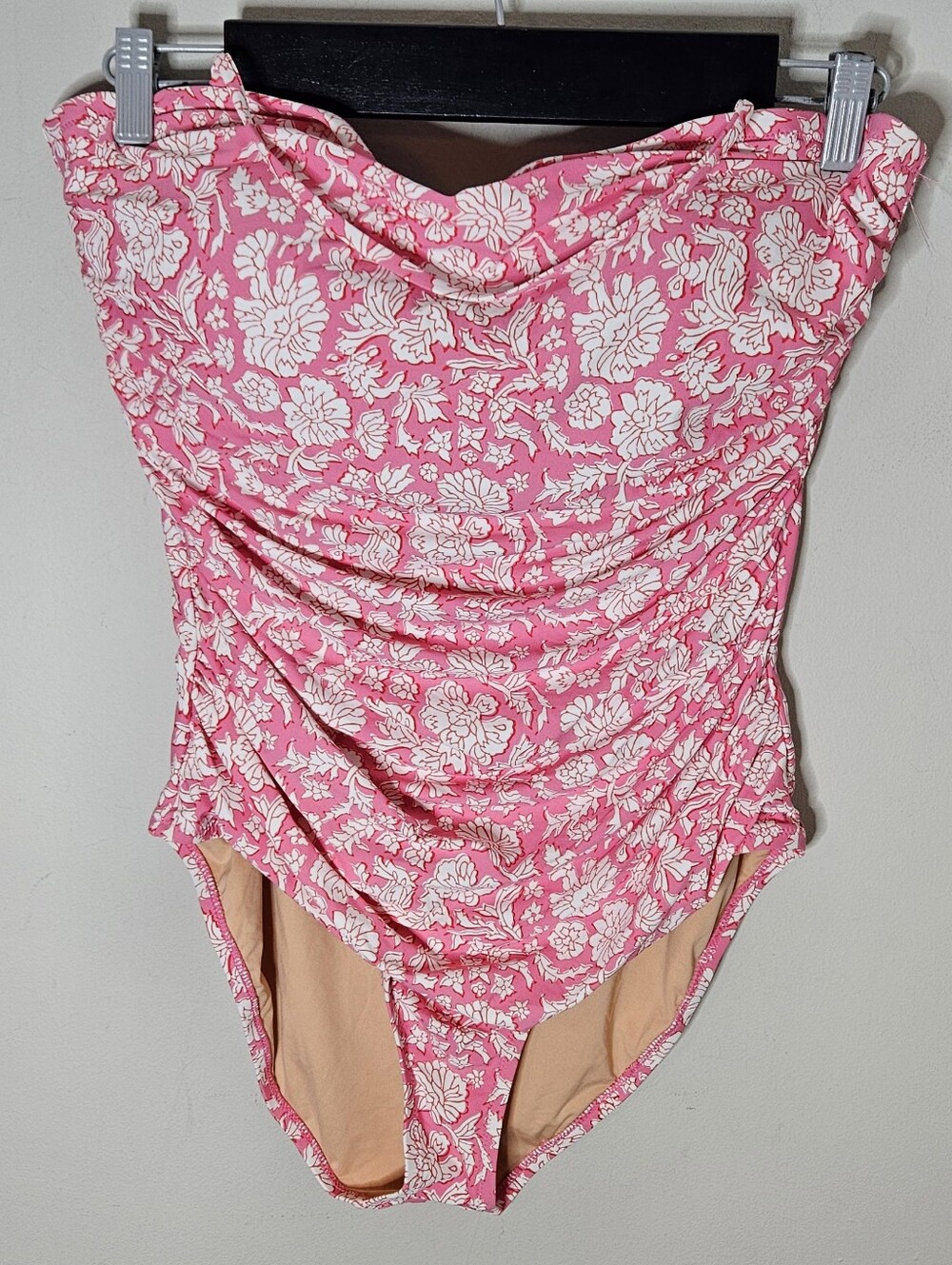 J Crew X SZ Blockprint One Piece Bathing Suit Swimsuit Pink White Bandeau 16